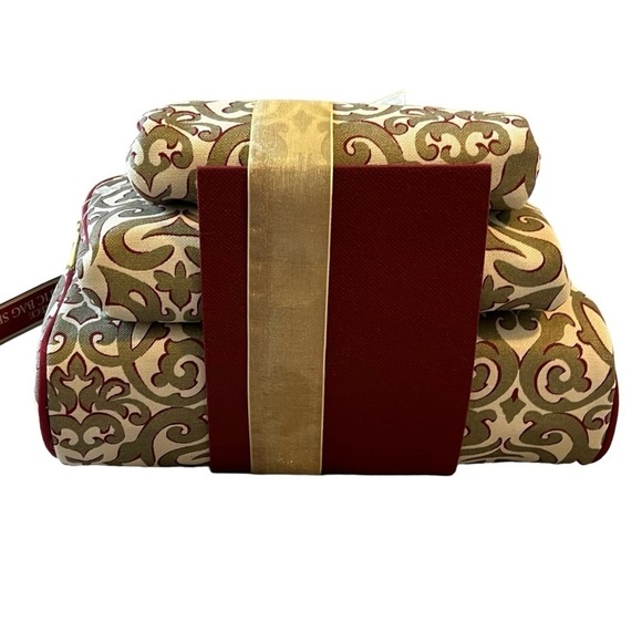 Enchante’ Accessories Inc 3 Piece Cosmetic Bag Set Maroon Gold Tan Scroll Design - Picture 3 of 6